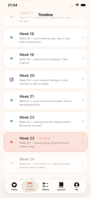 Timeline screen with a gentle note for each week