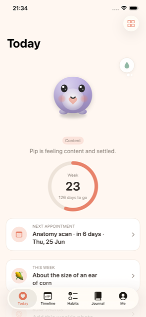 Eggspecting Today screen showing the buddy, the week, and the next appointment